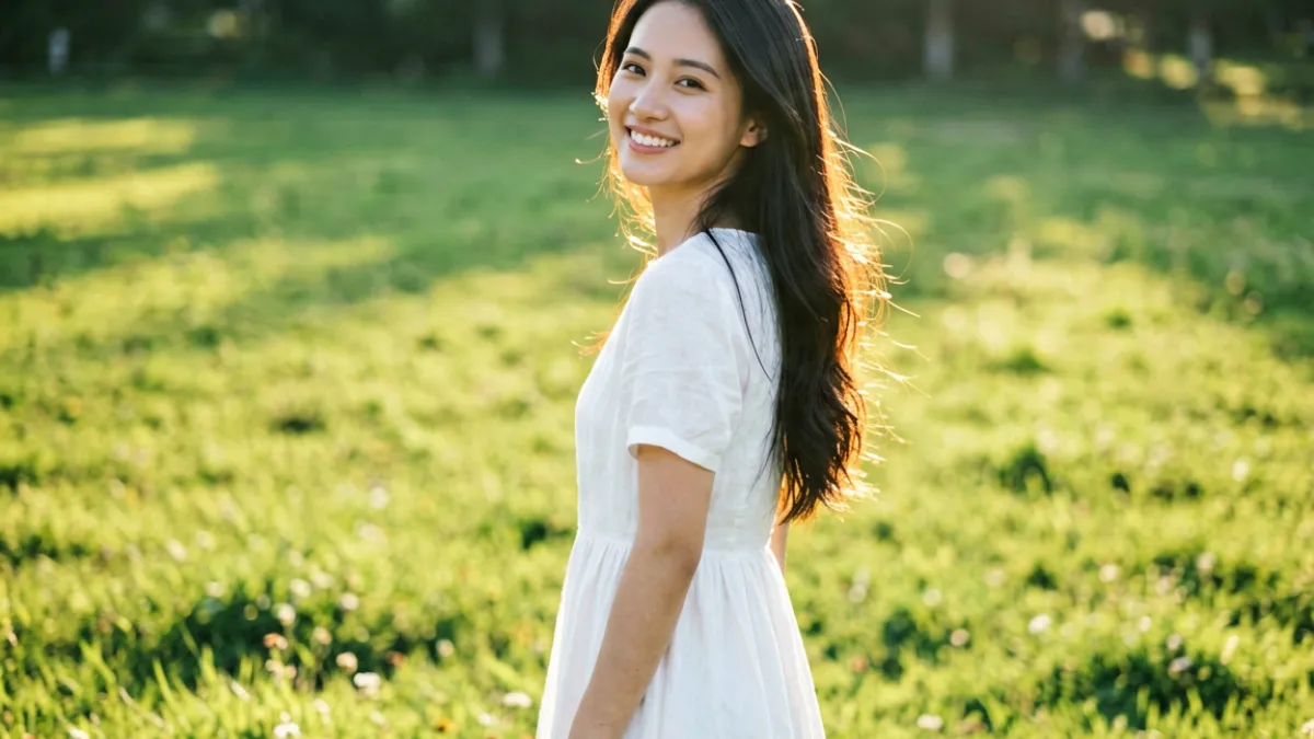8x8x美女精选封面：一位长发气质女神身着白色连衣裙在阳光草地上回眸微笑的写真大片